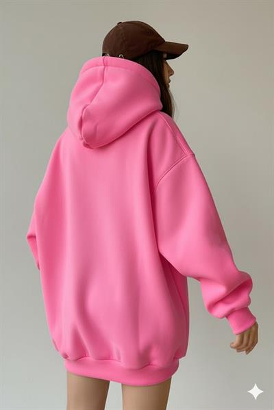 Kadın Oversize Pembe Sweatshirt  3 İplik Şardonlu Kapüşonlu Cepli – Rahat Kalıp