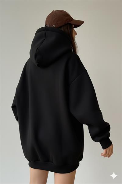 Kadın Oversize Siyah Sweatshirt  3 İplik Şardonlu Kapüşonlu Cepli – Rahat Kalıp