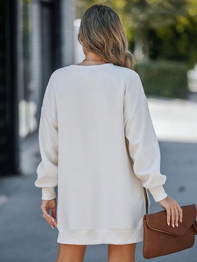 Kadın Oversize Sweatshirt Yan Fermuar Detaylı Uzun Kollu Ekru Tunik