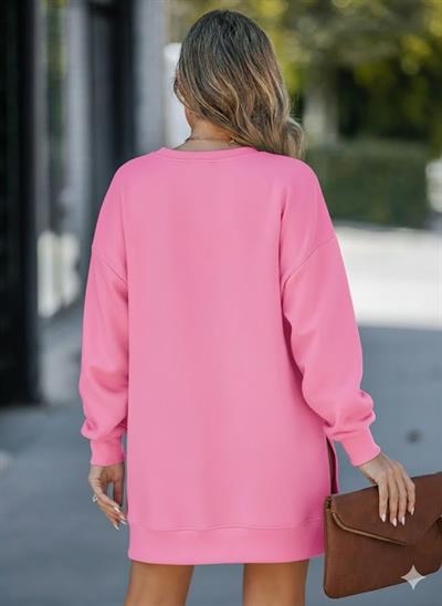 Kadın Oversize Sweatshirt Yan Fermuar Detaylı Uzun Kollu Pembe Tunik