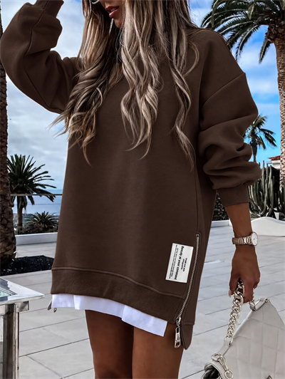 Kadın Oversize Sweatshirt Yan Fermuar Detaylı Uzun Kollu Kahverengi Tunik