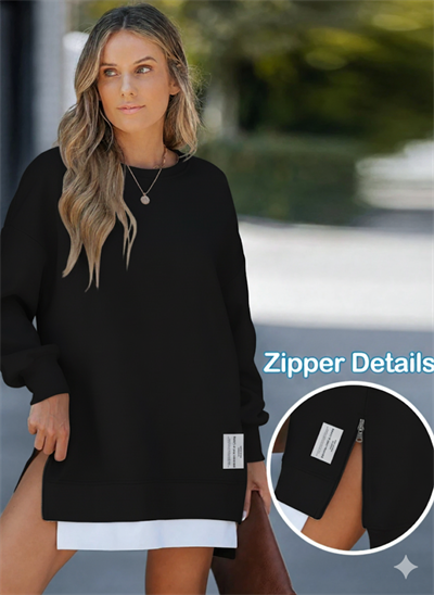 Kadın Oversize Sweatshirt Yan Fermuar Detaylı Uzun Kollu Siyah Tunik