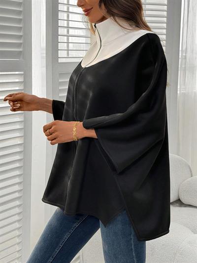 Kadın Panço Fermuarlı Sweat – Oversize Kesim, 3 İplik Şardonlu Kumaş