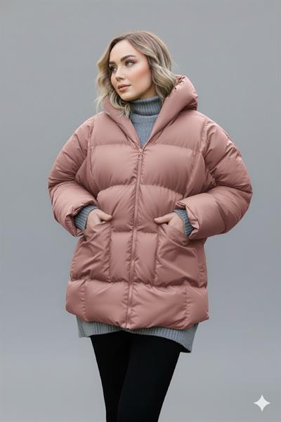 Kadın Pembe Kapüşonlu Şişme Mont – Oversize Kışlık Kalın Mont –  Soğuk Geçirmez Şişme Mont