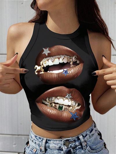 Kadın Siyah Baskılı Crop Atlet – Diş Grillz Desenli, Sokak Modası Tarzı