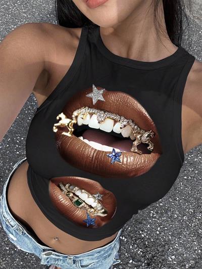 Kadın Siyah Baskılı Crop Atlet – Diş Grillz Desenli, Sokak Modası Tarzı