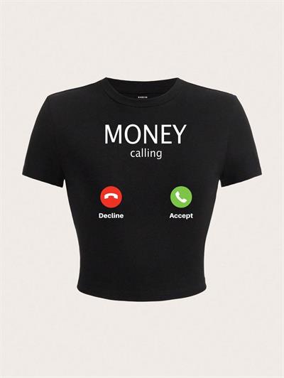 Kadın Siyah Crop Tişört Money Calling Baskılı Telefon Temalı Kısa Tişört Streetwear