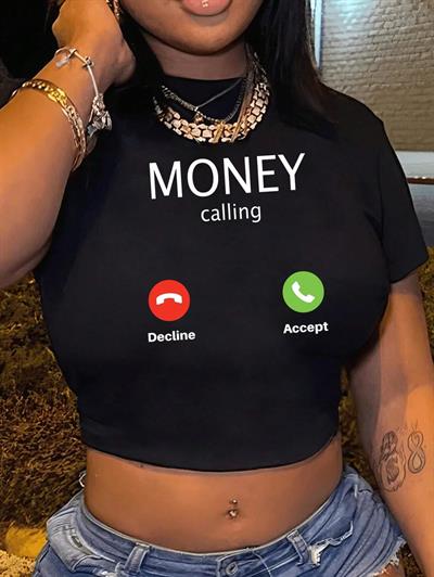 Kadın Siyah Crop Tişört Money Calling Baskılı Telefon Temalı Kısa Tişört Streetwear