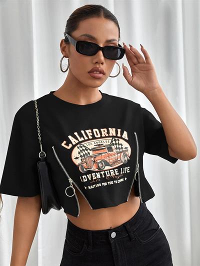 Kadın Siyah Fermuar Detaylı Crop Tişört - California Baskılı Retro Vintage Oversize Kesim Tshirt