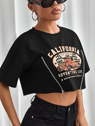 Kadın Siyah Fermuar Detaylı Crop Tişört - California Baskılı Retro Vintage Oversize Kesim Tshirt