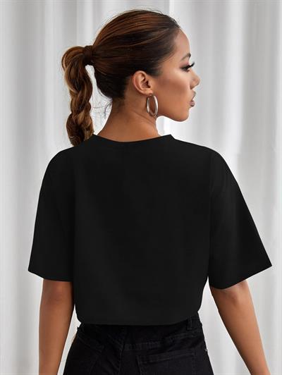 Kadın Siyah Fermuar Detaylı Crop Tişört - California Baskılı Retro Vintage Oversize Kesim Tshirt