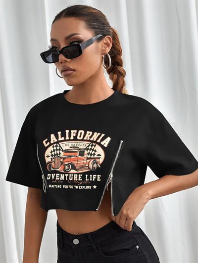 Kadın Siyah Fermuar Detaylı Crop Tişört - California Baskılı Retro Vintage Oversize Kesim Tshirt