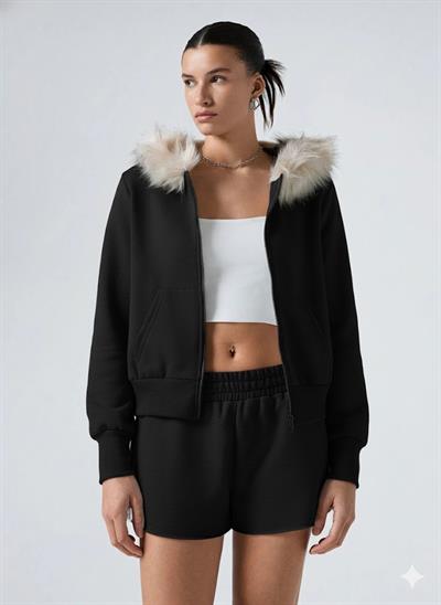Kadın Siyah Fermuarlı  Kapüşonlu Sweatshirt – Kürklü Kapüşon, Cepli, Rahat Kalıp