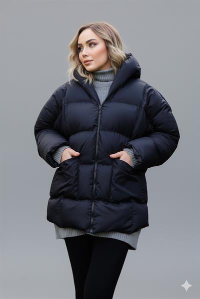 Kadın Siyah Kapüşonlu Şişme Mont – Oversize Kışlık Kalın Mont –  Soğuk Geçirmez Şişme Mont
