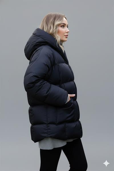 Kadın Siyah Kapüşonlu Şişme Mont – Oversize Kışlık Kalın Mont –  Soğuk Geçirmez Şişme Mont
