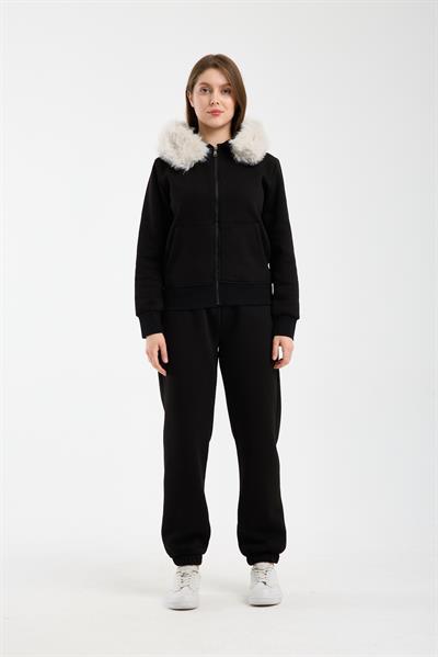 Kadın Siyah Kapüşonu Kürklü (Çıkarılabilir) Fermuarlı Sweatshirt ve Eşofman Altı Takım