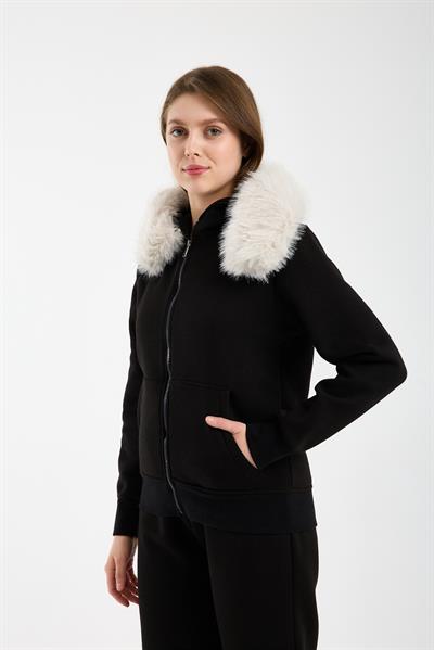 Kadın Siyah Kapüşonu Kürklü (Çıkarılabilir) Fermuarlı Sweatshirt ve Eşofman Altı Takım