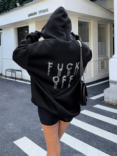 Kadın Siyah Oversize Kapüşonlu Sweatshirt – Taş Detaylı “F*ck Off” Yazılı – Rahat Günlük Kapüşonlu Üst