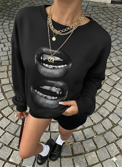Kadın Siyah Oversize Sweatshirt – Baskılı Dudak Desenli, Sokak Stili, Rahat Kesim