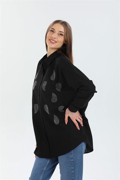 Kadın Siyah Taş Detaylı Oversize Gömlek - Şık ve Rahat Tasarım