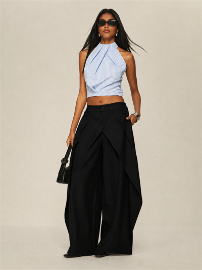 Kadın Siyah Yüksek Bel Kruvaze Detaylı Bol Paça Pantolon – Şık & Rahat Oversize Pantolon