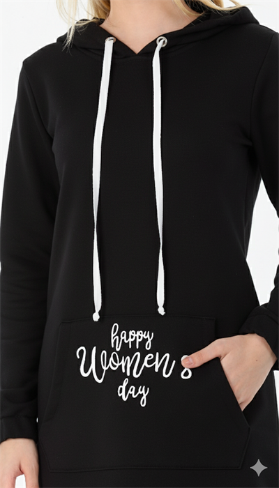 Kadın Uzun Boy Happy Womens Day Yazılı Siyah Kapüşonlu Cepli Elbise