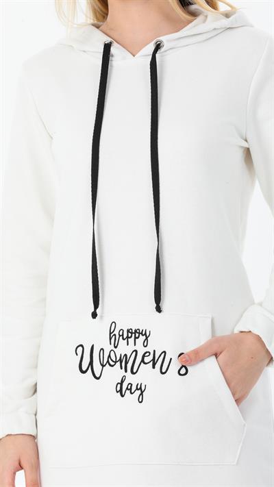 Kadın Uzun Boy Happy Womens Day Yazılı Beyaz Kapüşonlu Cepli Elbise