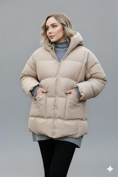 Kadın Vizon Kapüşonlu Şişme Mont – Oversize Kışlık Kalın Mont –  Soğuk Geçirmez Şişme Mont