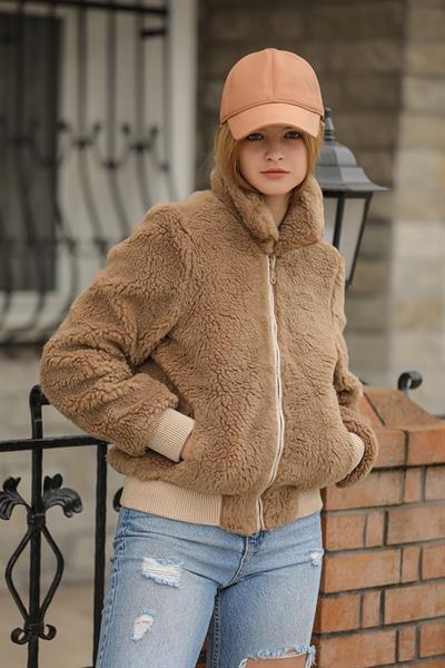 Kadın Vizon Teddy Peluş Mont Astarlı Fermuarlı Cepli Sıcak Tutucu Rahat Günlük Dış Giyim
