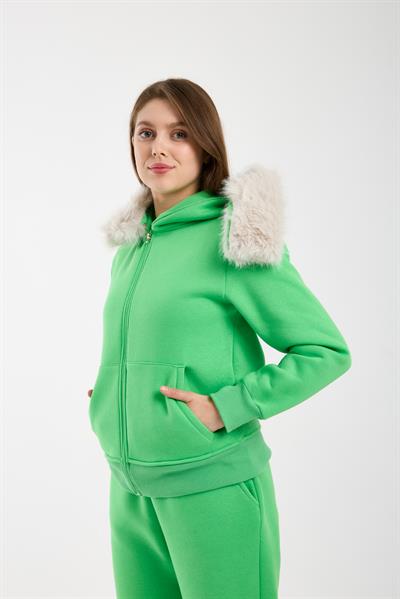 Kadın Yeşil Kapüşonu Kürklü (Çıkarılabilir) Fermuarlı Sweatshirt ve Eşofman Altı Takım