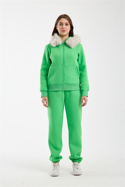 Kadın Yeşil Kapüşonu Kürklü (Çıkarılabilir) Fermuarlı Sweatshirt ve Eşofman Altı Takım