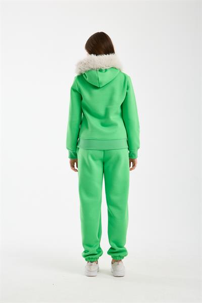 Kadın Yeşil Kapüşonu Kürklü (Çıkarılabilir) Fermuarlı Sweatshirt ve Eşofman Altı Takım