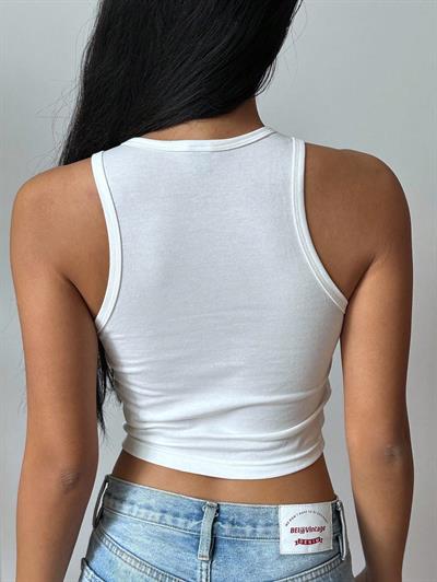 KadınBeyaz Baskılı Crop Atlet – Diş Grillz Desenli, Sokak Modası Tarzı