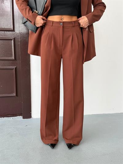 Kahverengi Kadın Polly Viscon Takım – 1. Sınıf Kumaş Blazer Ceket & Palazzo Pantolon İkili Takım
