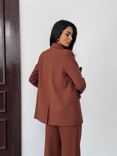 Kahverengi Kadın Polly Viscon Takım – 1. Sınıf Kumaş Blazer Ceket & Palazzo Pantolon İkili Takım