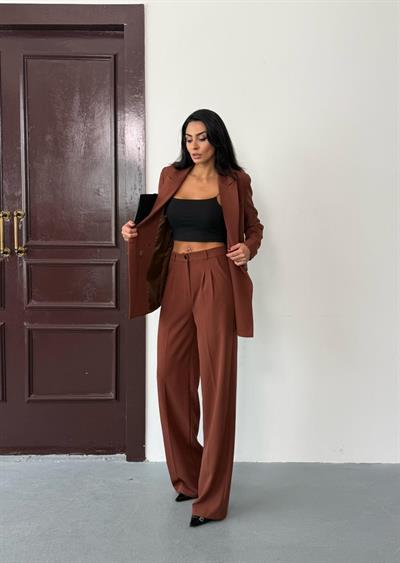 Kahverengi Kadın Polly Viscon Takım – 1. Sınıf Kumaş Blazer Ceket & Palazzo Pantolon İkili Takım