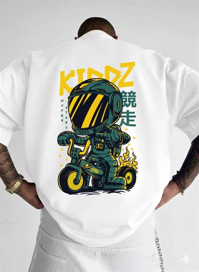 KIDDZ Hyper Stars Astronot Baskılı Oversize T-shirt - %100 Pamuk Süprem - Beyaz OversizeTişört