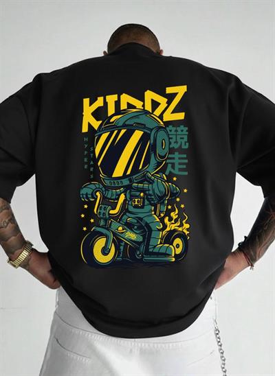 KIDDZ Hyper Stars Astronot Baskılı Oversize T-shirt - %100 Pamuk Süprem - Siyah OversizeTişört