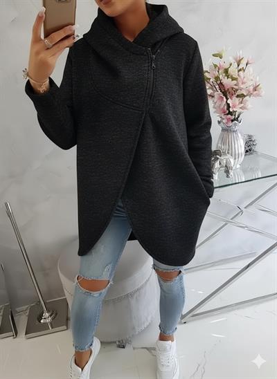 Kırçıllı Siyah  Kadın 3 İplik Şardonlu Kapüşonlu Ceket – Asimetrik Fermuarlı Oversize 