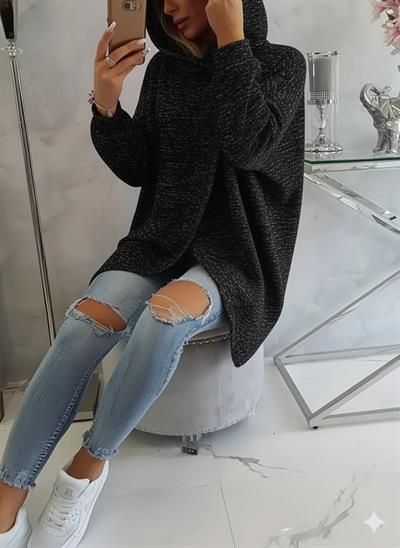 Kırçıllı Siyah  Kadın 3 İplik Şardonlu Kapüşonlu Ceket – Asimetrik Fermuarlı Oversize 