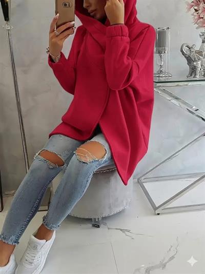 Kırmızı Kadın Asimetrik Fermuarlı Oversize Kapüşonlu Sweatshirt – Kalın Kumaş – Rahat Günlük Tarz