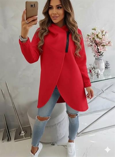 Kırmızı Kadın Asimetrik Fermuarlı Oversize Kapüşonlu Sweatshirt – Kalın Kumaş – Rahat Günlük Tarz