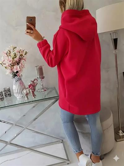 Kırmızı Kadın Asimetrik Fermuarlı Oversize Kapüşonlu Sweatshirt – Kalın Kumaş – Rahat Günlük Tarz