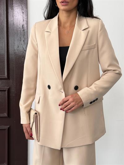 Krem Kadın Polly Viscon Takım – 1. Sınıf Kumaş Blazer Ceket & Palazzo Pantolon İkili Takım