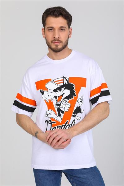 Oversize Kurt Desenli Beyaz T-shirt