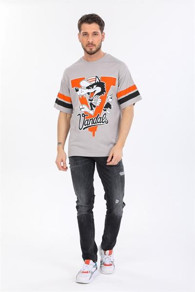 Oversize Kurt Desenli Gri T-shirt