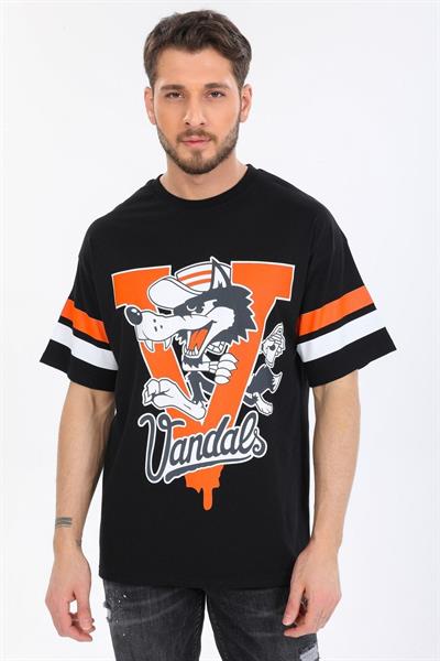 Oversize Kurt Desenli Siyah T-shirt