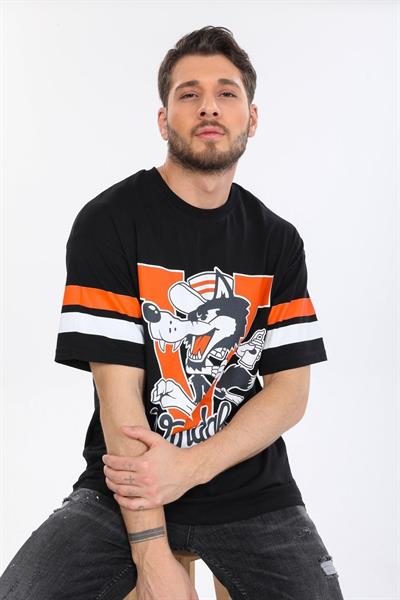 Oversize Kurt Desenli Siyah T-shirt