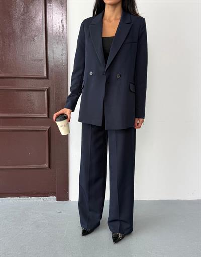 Lacivert Kadın Polly Viscon Takım – 1. Sınıf Kumaş Blazer Ceket & Palazzo Pantolon İkili Takım