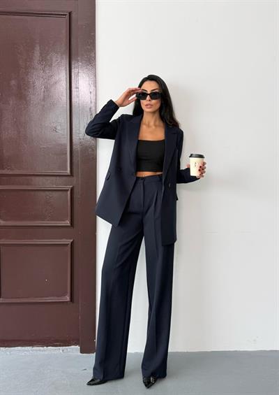 Lacivert Kadın Polly Viscon Takım – 1. Sınıf Kumaş Blazer Ceket & Palazzo Pantolon İkili Takım